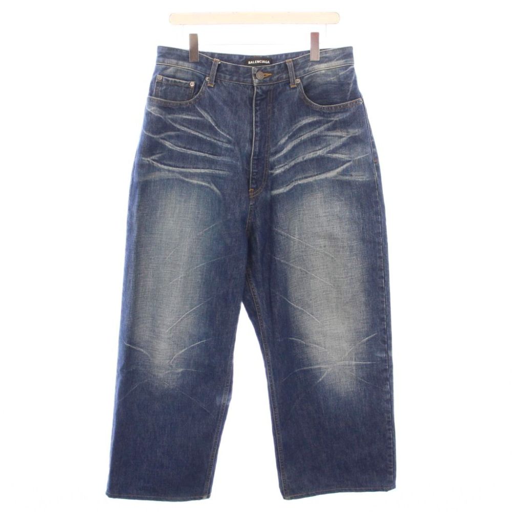 【中古】バレンシアガ BALENCIAGA 19年製 デニムパンツ ジーンズ ジップフライ ワイド USED加工 ロゴ M インディゴ /BB メンズ 【ベクトル 古着】 260330|ブランド古着ベクトルプレミアム店