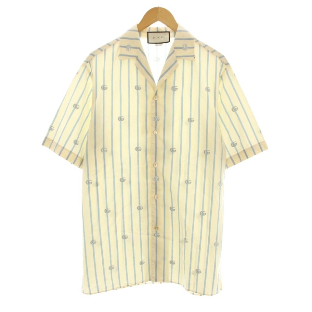【中古】グッチ GUCCI ダブルG 縞模様 綿織物 ボウリングプルオーバー 心地よいプルオーバー 半袖 開けはなし色つや 44 ベージュ 水色 623156 ZAD7M /KU メンズ 【ベクター 古着】 260530