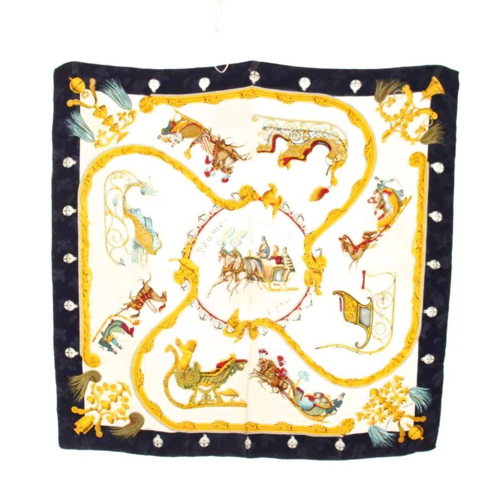 【中古】エルメス HERMES えり巻き カレ 90 Plumes et Grelots 羽飾りつけと鈴 地絹 紺 象牙色 黄味がかった /YM ■OH レディース 【ベクター 古着】 260530