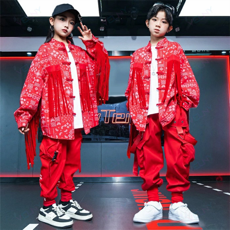 キッズ ダンス衣装 セットアップ 男女兼用 2点セット 長袖 ジャケット ロングパンツ ヒップホップ 子供服 練習着 韓国 女の子 男の子 ジャズダンス ガールズ チアリーダー 子供 HIPHOP ダンス衣装 応援団 チアダンス 演出服 発表会 おしゃれ 110-180cm レッド 2点セット