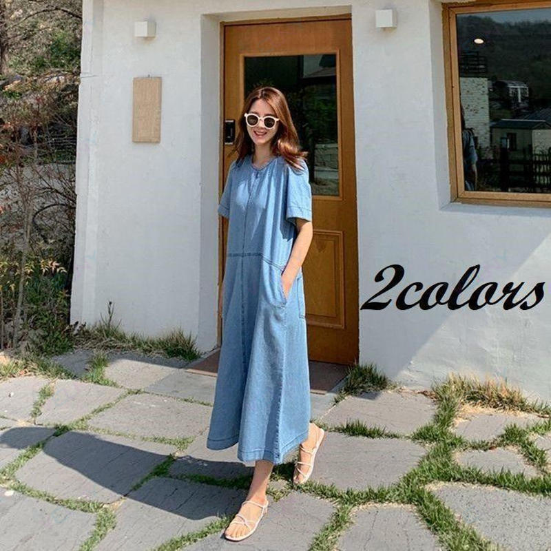 ワンピース レディース デニム ロング丈 マキシ 半袖 切り替え Aライン シンプル ゆったり おしゃれ 着痩せ かわいい カジュアル 体型カバー 二