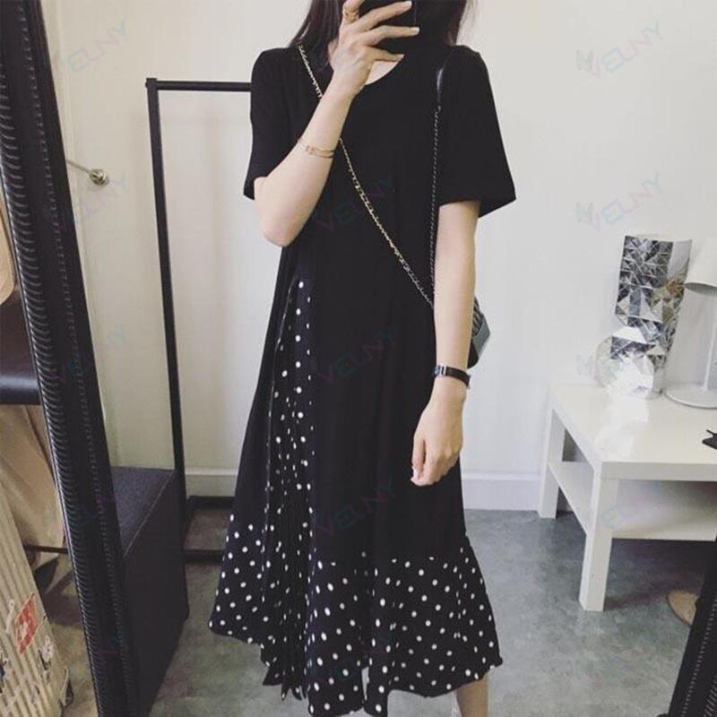 春 夏 半袖ワンピース レディース ロングワンピ 水玉柄 プリーツワンピース 夏 ワンピース ロング丈 偽二枚 フェイクレイヤード サマーワンピース｜Velny