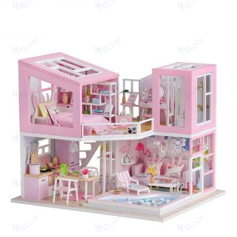 ドールハウス キット ピンクの二階建てのお家 ドールハウス キット プール 夏 女の子 DIY DIYキット 手作り 木製 920424