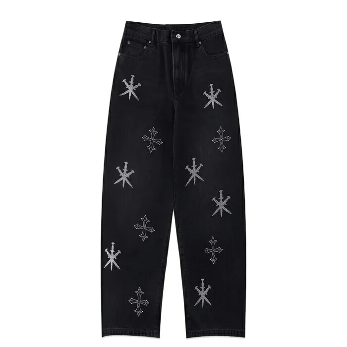 UNKNOWN LONDON / Dagger Cross Rhinestone Baggy Denim Pants