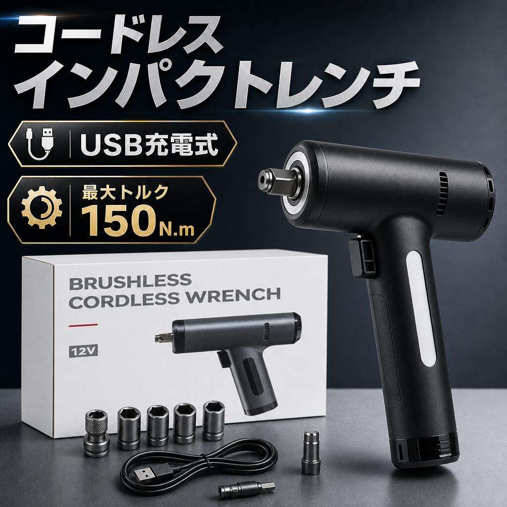 【2026新ひな形】文芸批評排他的権利付！電動差しひびき鍵 コードレス 150N.m 小型軽さ USB申し受ける 2000mAh 乾電池内蔵 納める容れもの付き添い人 乗用車持続 DIY タイア取り替えっこ 小っちゃい空間的関係でも使い分かりやすい 高トルク 無度合い取り替えっこ