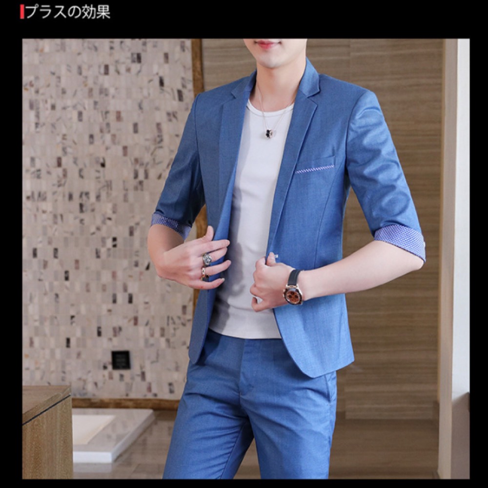 楽天市場 Veroman セットアップ サマー スーツ メンズ ジャケット パンツ 2点セット 韓国ファッション 無地 通勤 通学 紳士 上品 ネイビー Veroman