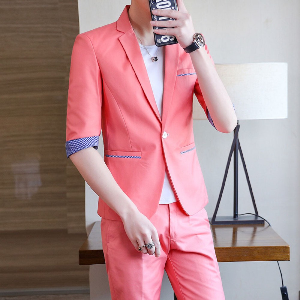 楽天市場 Veroman セットアップ サマー スーツ メンズ ジャケット パンツ 2点セット 韓国ファッション 無地 通勤 通学 紳士 上品 ピンク Veroman