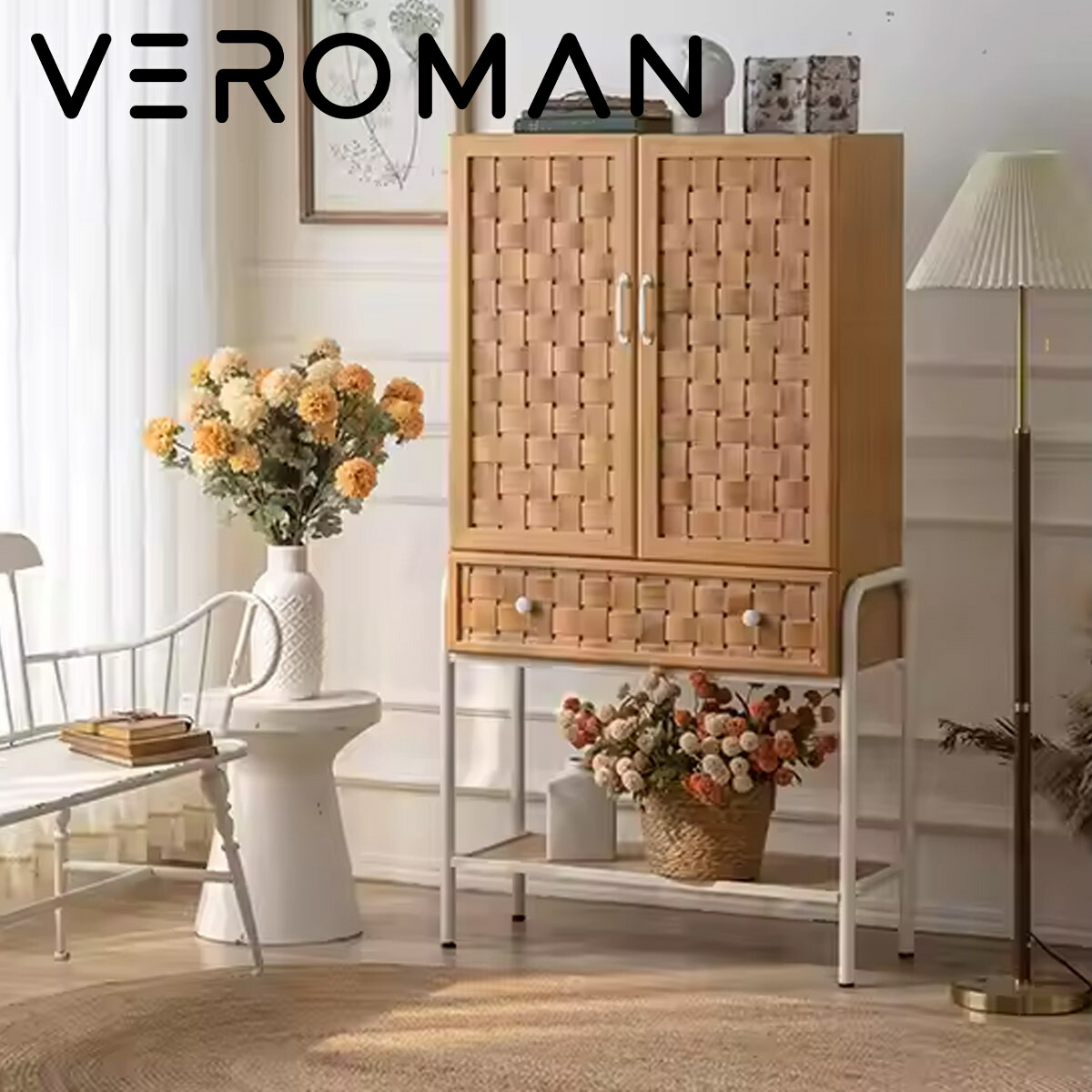 VeroMan 編み込み扉収納キャビネット 温もり溢れるデザイン 韓国インテリア [高さ158cm×幅86cm]