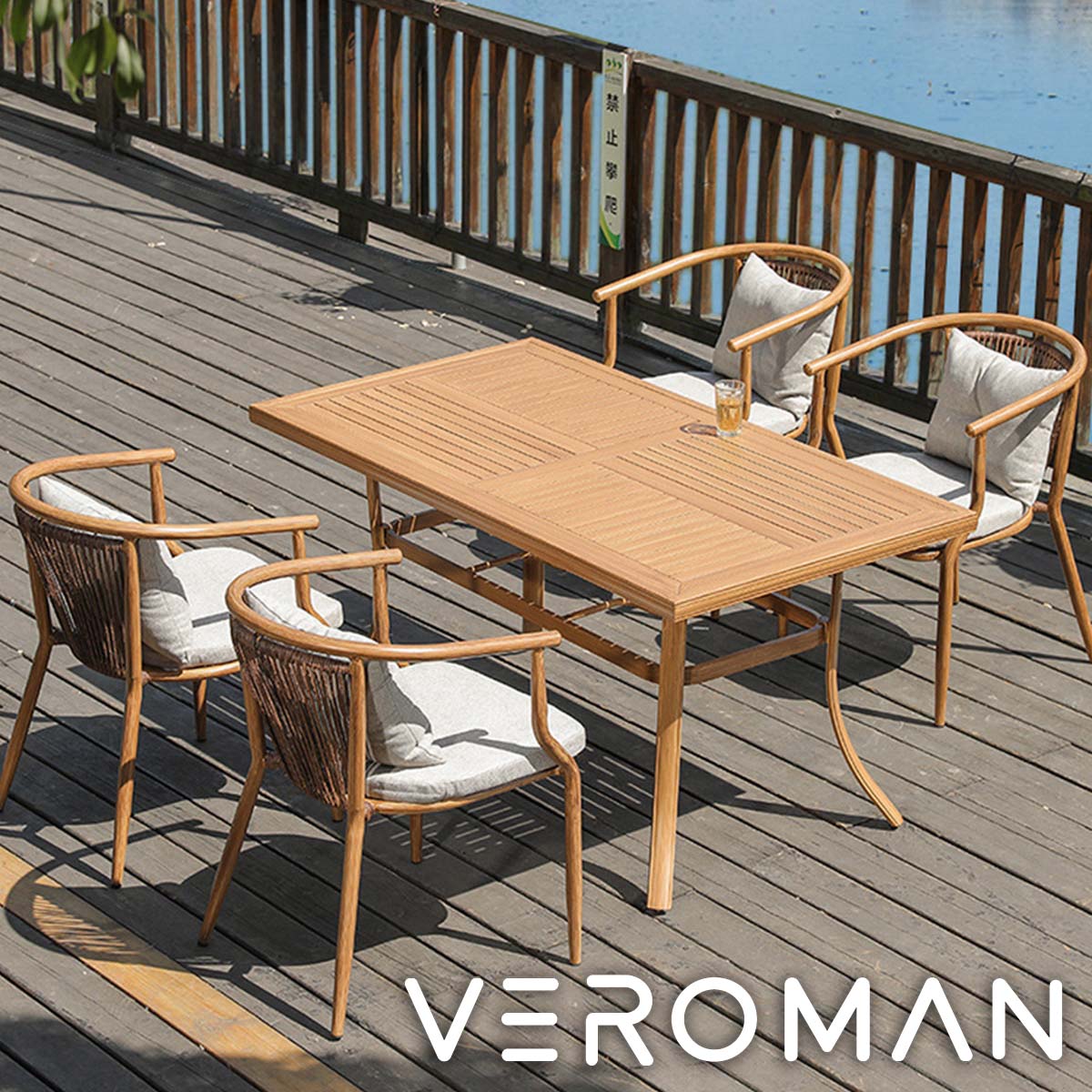 [長方形・椅子4脚] VeroMan テーブルセット アウトドア用品 アウトドアテーブル 自然な木目調のラウンドテーブルセット 高耐久アルミ合金構造 優雅さを兼ね備えた屋外用チェアセット 屋外家具 韓国インテリア｜VeroMan店 149,000円