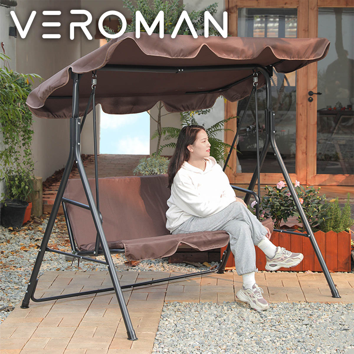 VeroMan スイングベンチ 二人掛け 屋根付ブランコ 家庭用ブランコ 日よけ付き ガーデンファニチャー デザイン性と機能性を両立 耐候性に優れた屋外家具 韓国インテリア [170x110x153cm]｜VeroMan店