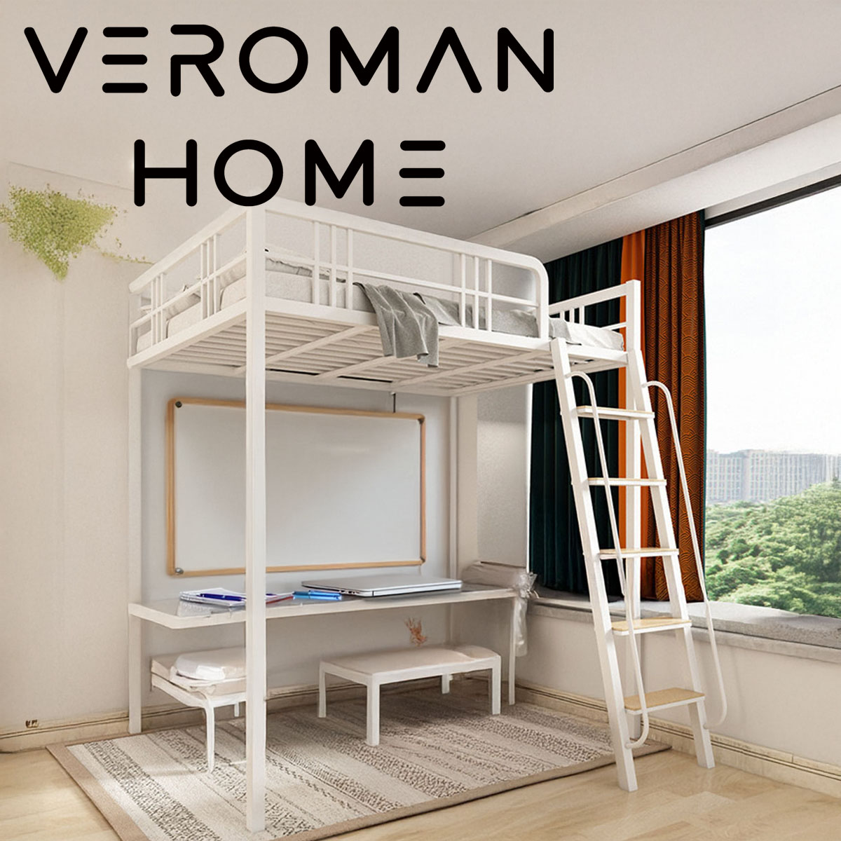 VeroMan 二段臥榻 鉄製屋根裏部屋臥榻 赤ちゃん用・学習者用・寮向け 金属元素一こま 釣りあい感人並み外れた 高耐荷重ダブルロフトベッド 韓国室内装飾 [高さ200cm×幅150糎]