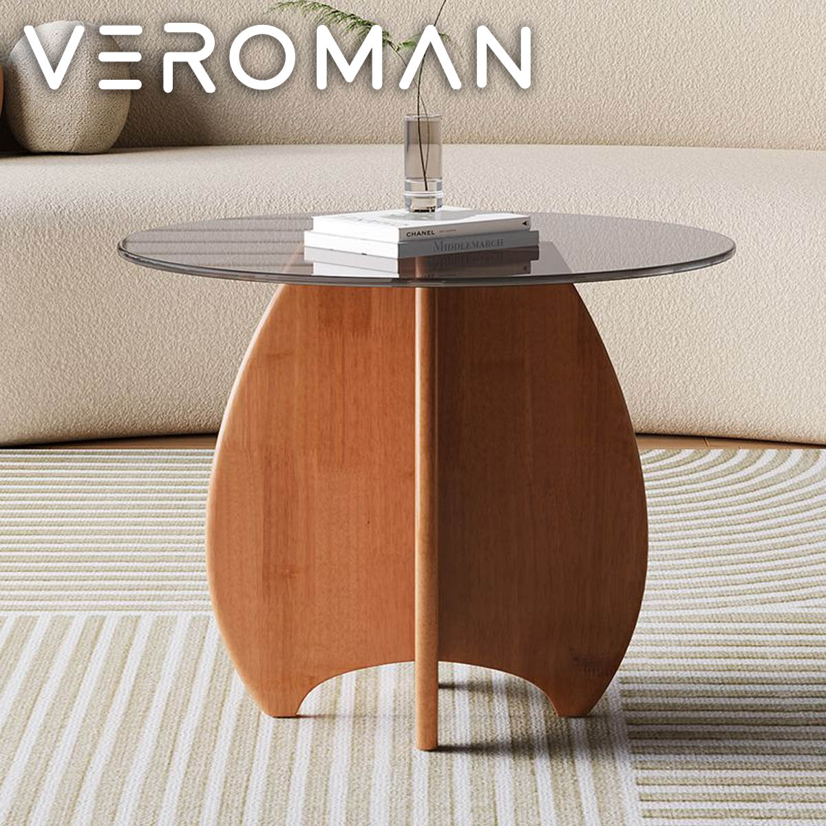VeroMan 強化ガラス天板 丸型 テーブル サイドテーブル 木製ベース モダン リビング ダイニング カフェ コンパクト 韓国インテリア [50cm×50cm×50cm]