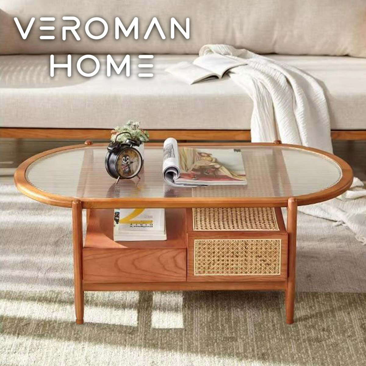 VeroMan ラタン編み ローテーブル 木の温もり ガラス天板 引き出し付き 丸型 楕円 二段棚 木製 センターテーブル リビング 天然素材 ナチュラル 韓国インテリア|VeroMan店