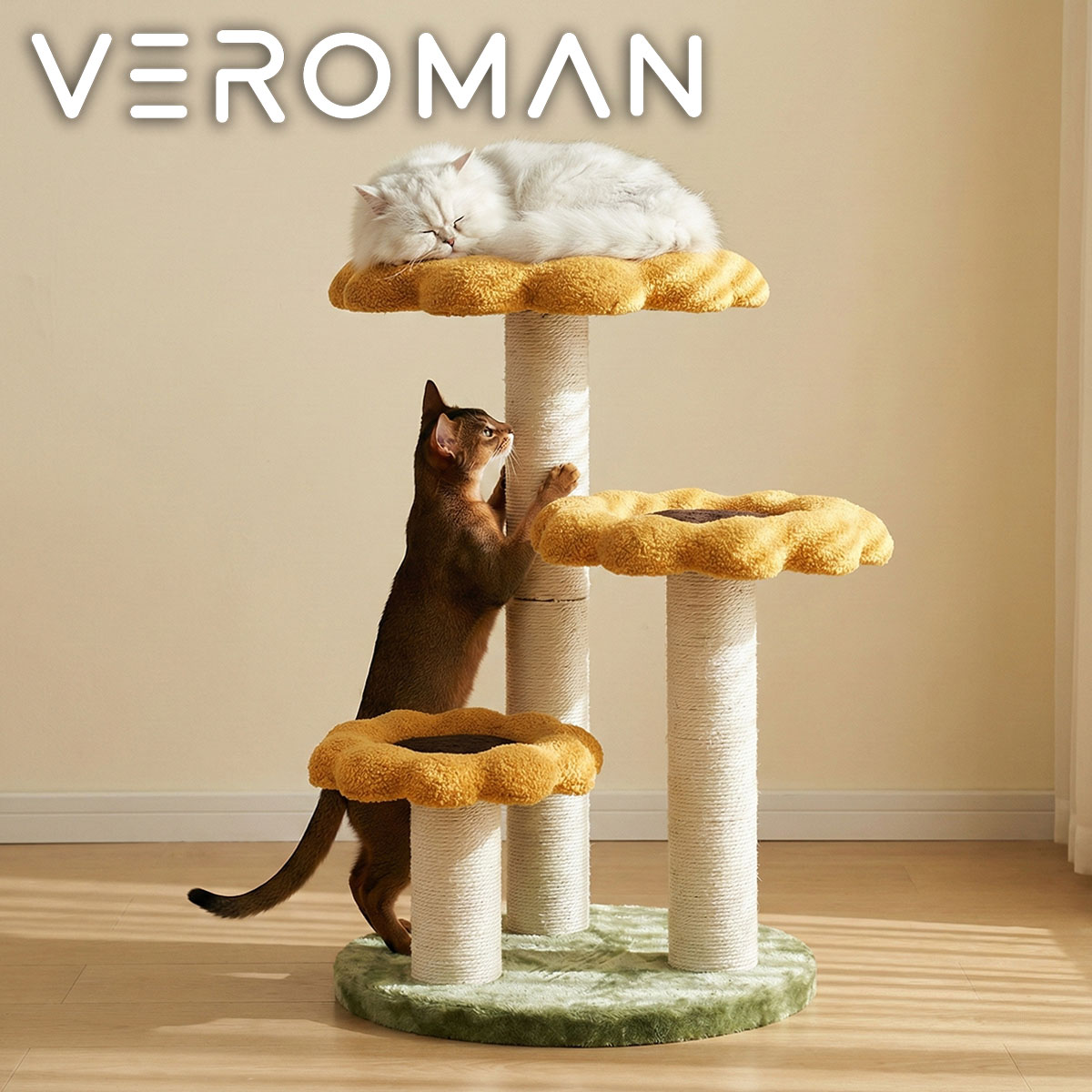 VeroMan キャットタワー 大型猫対応 豪華フラワーデザイン 花型キャットハウス 猫ベッド一体型 サイザル麻素材 爪とぎ付き 安定大型ベース カートゥーン風 韓国インテリア