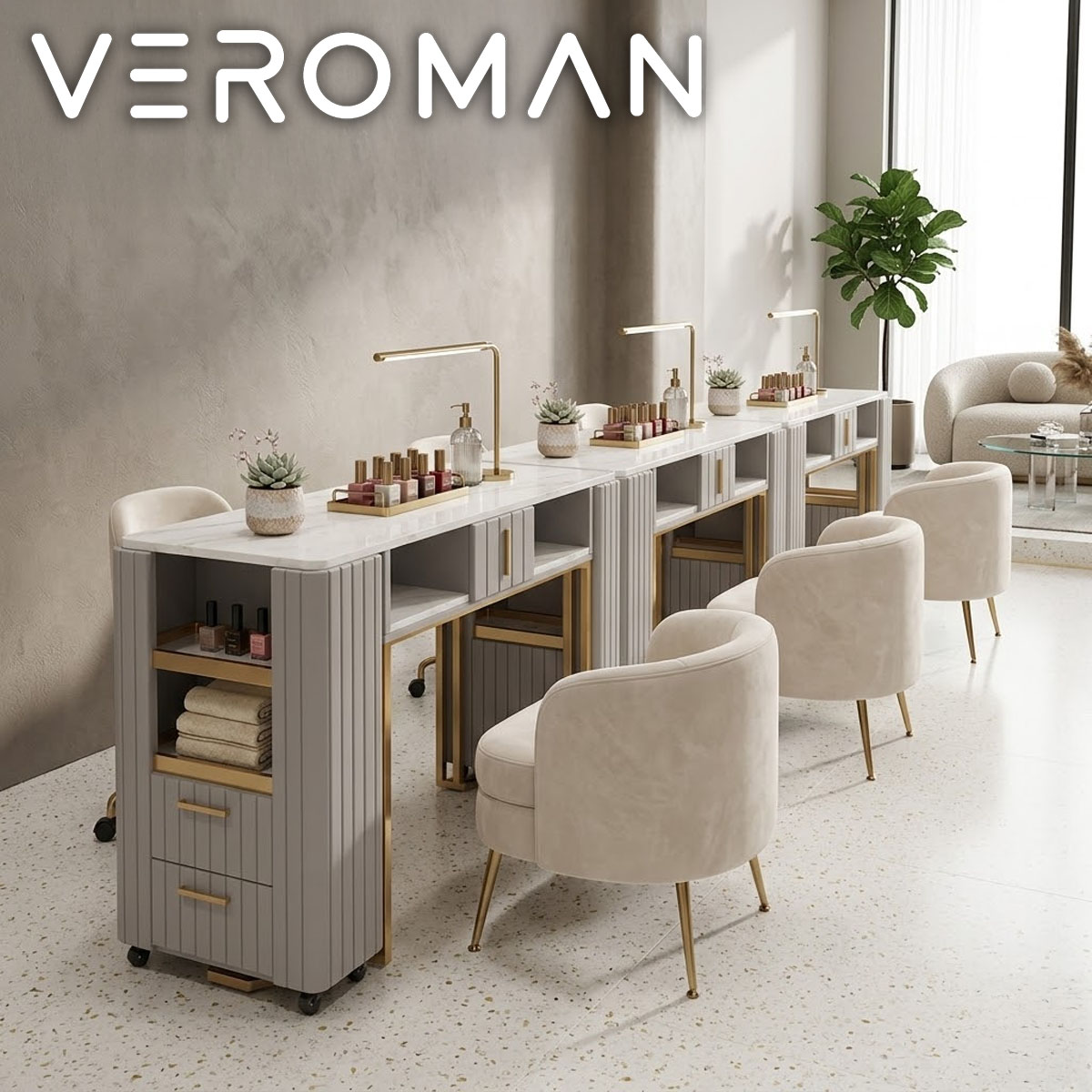 VeroMan テーブル さらりと美しく整うネイルテーブル サロン施術デスク 美甲テーブル ネイルデスク ネイルサロン 美容サロン 作業台 カウンターテーブル おしゃれ 業務用 韓国インテリア [150x45x78cm]｜VeroMan店