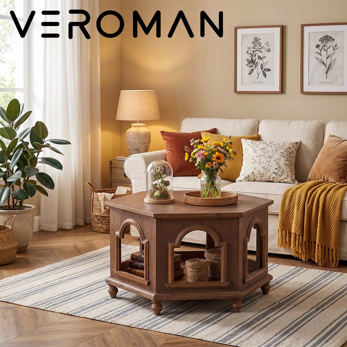VeroMan 六角形クラシックコーヒーテーブル 生まれながら木の肌目が引き立つ サイドテーブル 一覧表  韓国室内装飾 [高さ54cm×幅79糎]