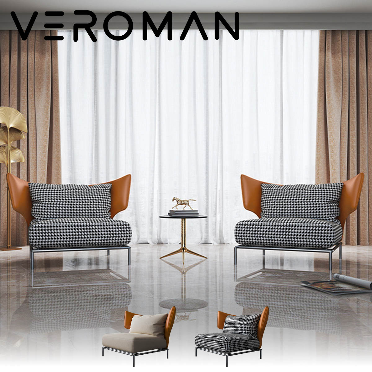 VeroMan ソファ 椅子 ロースタイル ローソファ 1人用 千鳥格子 リラックス ゆったりサイズ 面白い形 リビング 書斎 韓国インテリア【完成品】