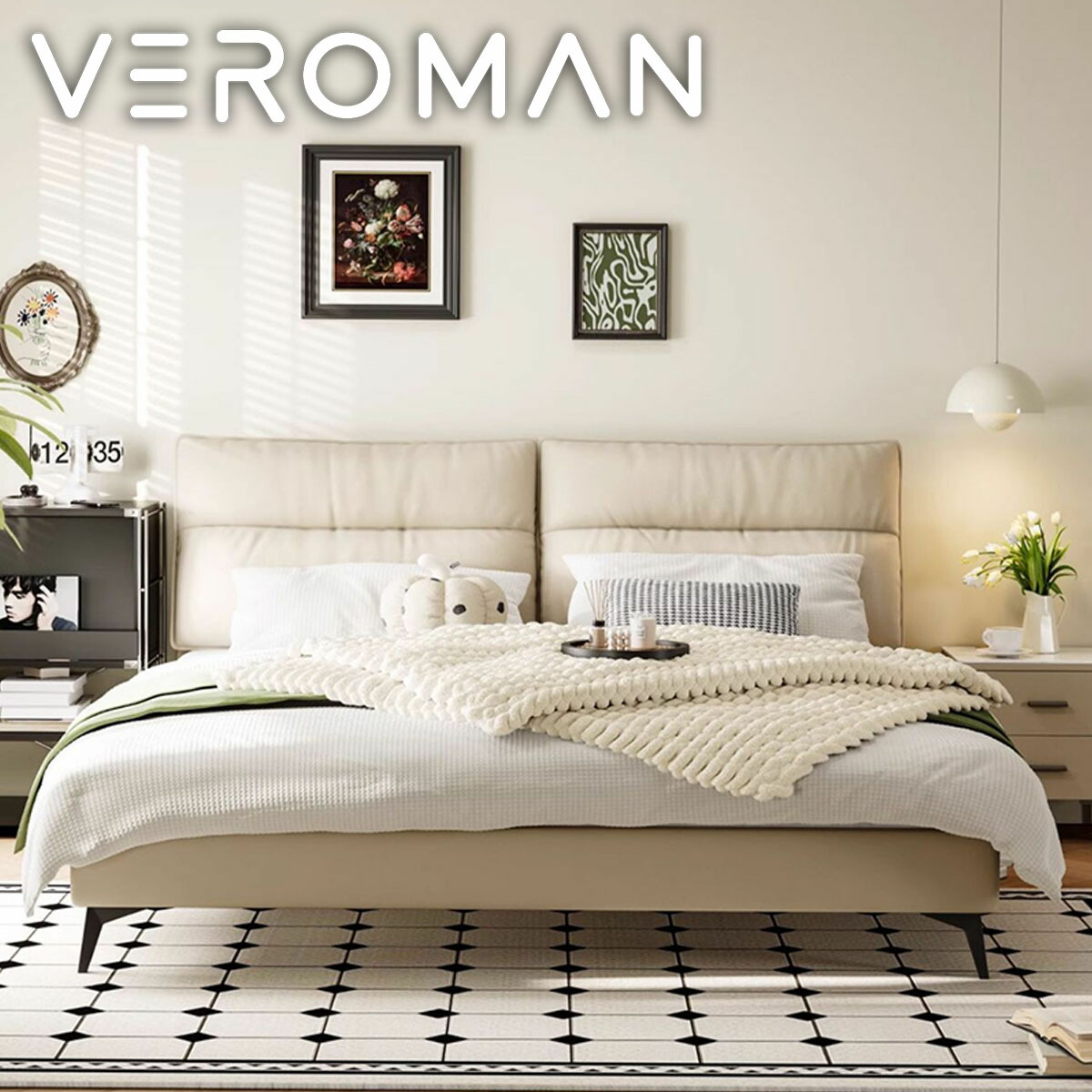 [ワイドダブル] VeroMan さらさらモダンベッド 高密度海綿＆木材フレームの安定感 韓国インテリア [高さ109cmx幅223cm]