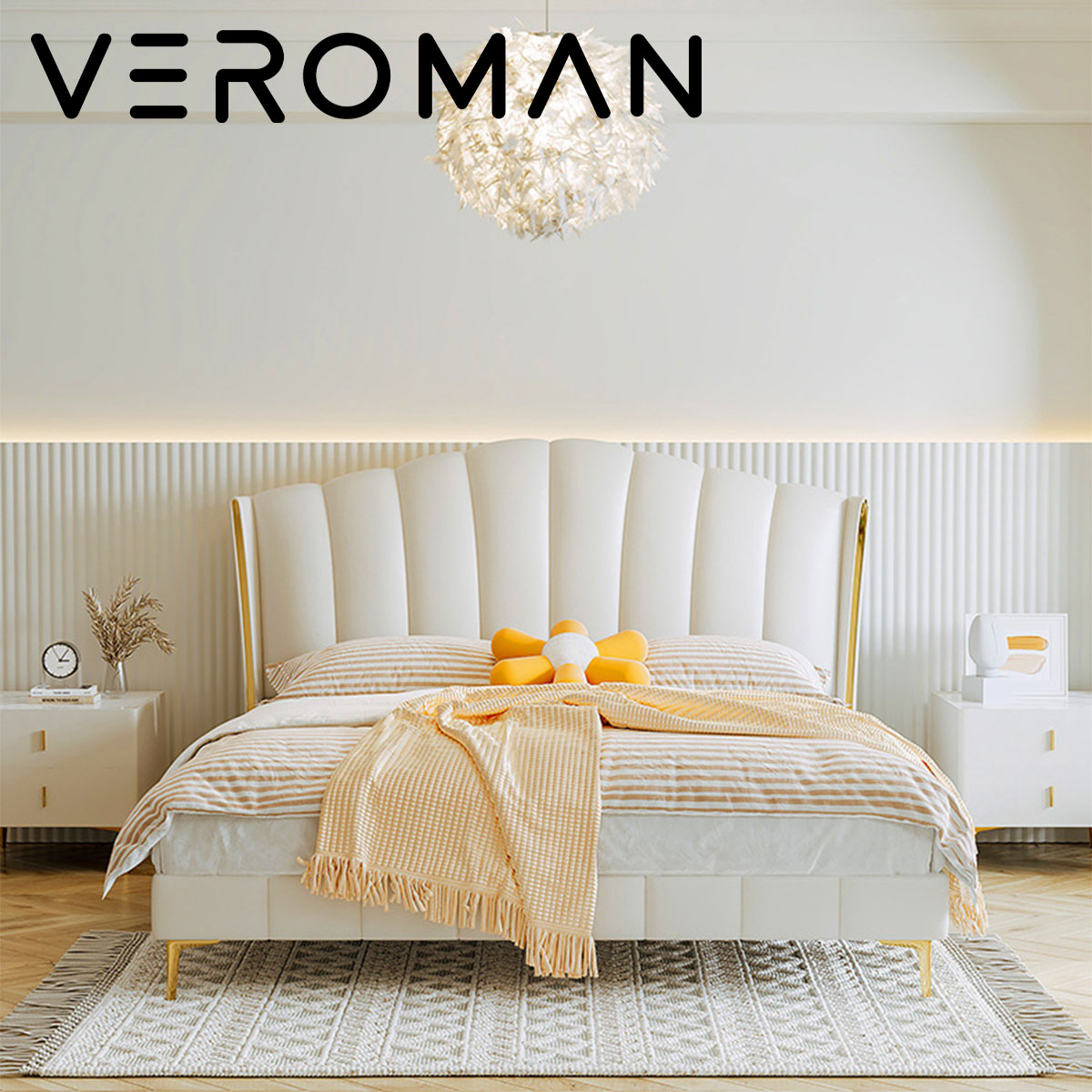 VeroMan レザー ベッド フレーム ゴールド脚 ティアラシルエット 立体クッションヘッドボード すのこ ふんわり快適 韓国インテリア 180cm 200cm