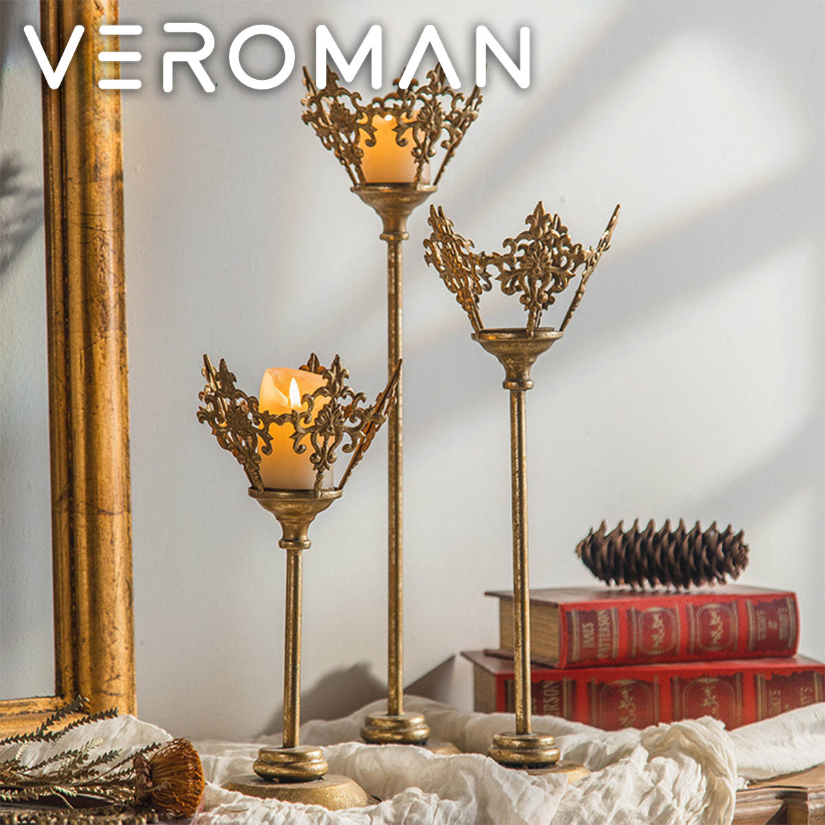 [3個セット] VeroMan キャンドルホルダー キャンドルスタンド 王冠デザイン ロウソク立て ロングスタンド 高級感漂う装飾 燭台 キャンドルトレー デコレーション インテリア 韓国インテリア