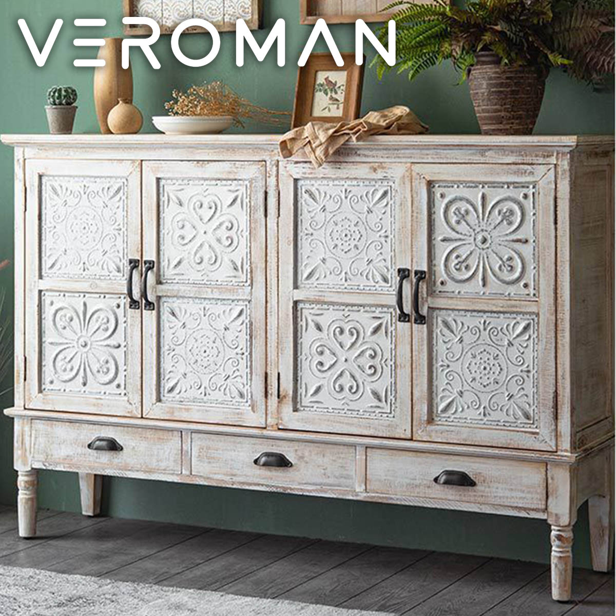 VeroMan アンティーク風刻みつける押し入れ 扉と抽き出しの大静電容量納める 木製ヴィンテージデザイン 韓国室内装飾 [高さ100cm×幅150珊]