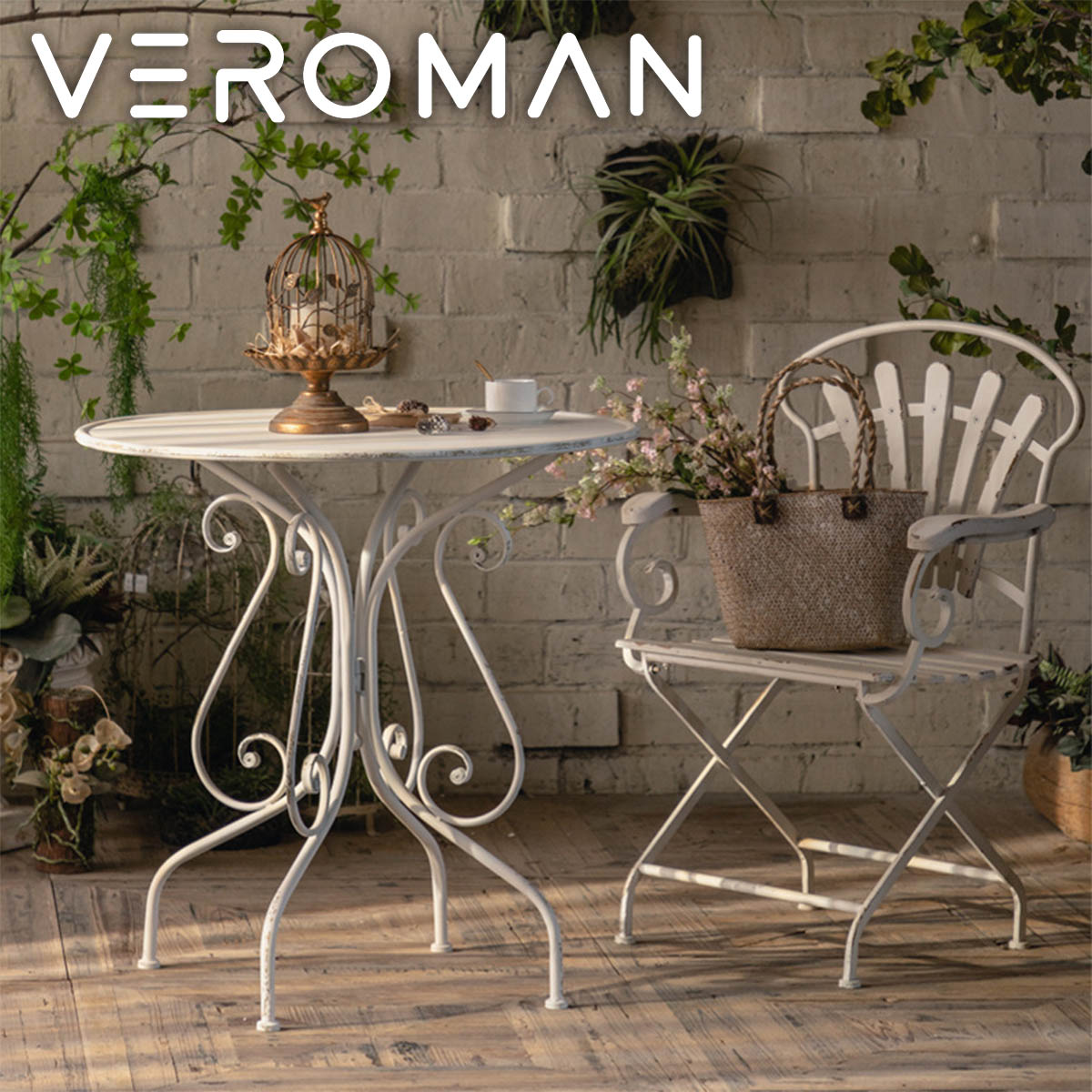 VeroMan アイアン ラウンド テーブル 屋外 アンティーク調 カフェテーブル 丸い テラス ガーデン 優美な曲線 エレガント 韓国インテリア [直径80cm×高さ81cm]