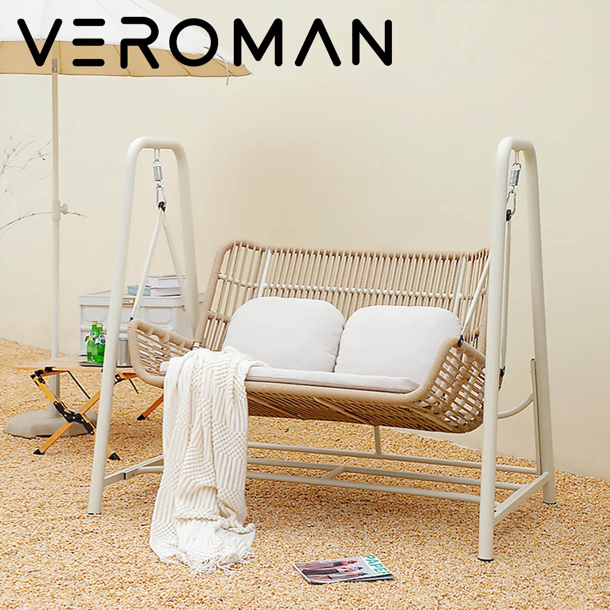 VeroMan 温もり感じる手編み風 鉄骨フレーム 自在ロッキングチェア＋脚踏み ナチュラル空間 屋外用 韓国インテリア [高さ140cm×幅155cm]