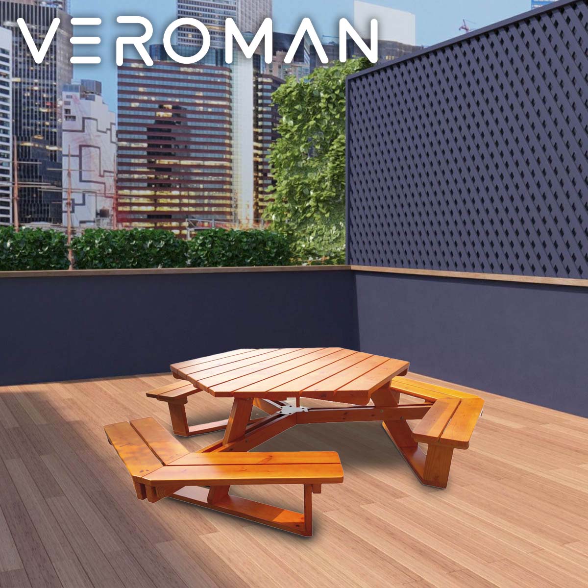 VeroMan テーブルセット アウトドア用品 アウトドアテーブル テーブルチェア一体型 落ち着いた温もりを感じる天然木製ベンチ付きテーブルセット 丸型・六角形デザイン 屋外耐久 防腐加工 韓国インテリア [高さ70cm&times;幅130cm]｜VEROMAN HOME