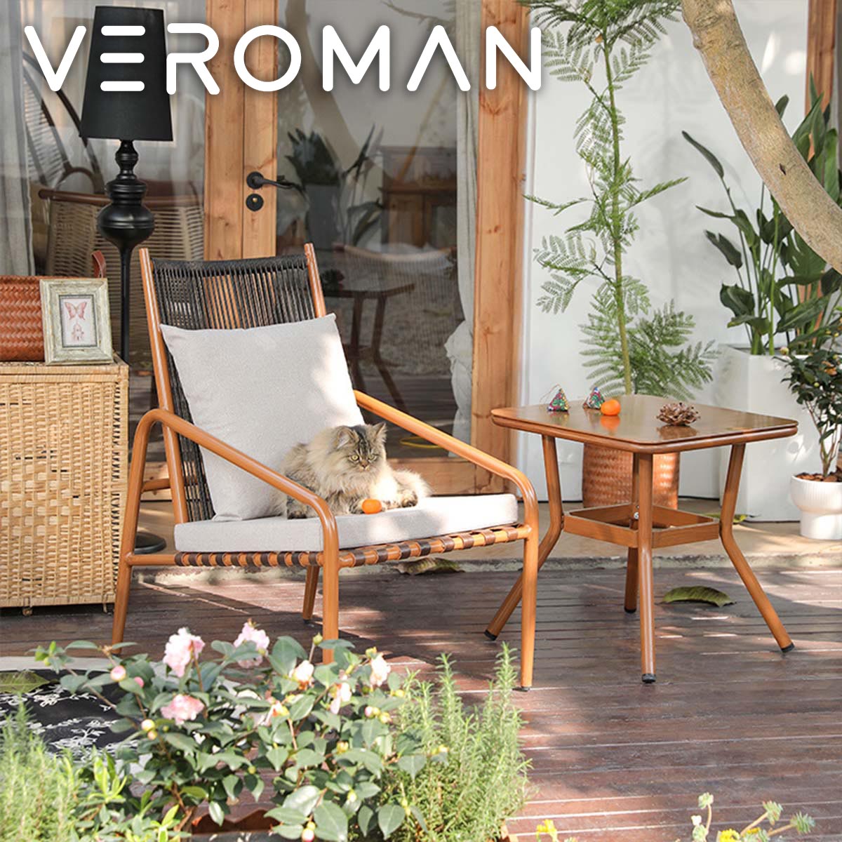 [テーブル付き] VeroMan ダイニングチェア 肘掛け チェア 椅子 ナチュラルな風合いのロープ編み ハンドメイド感あふれるアルミフレーム 耐久性と防水性を備えた リラックスチェア 韓国インテリア [59×80×95cm]