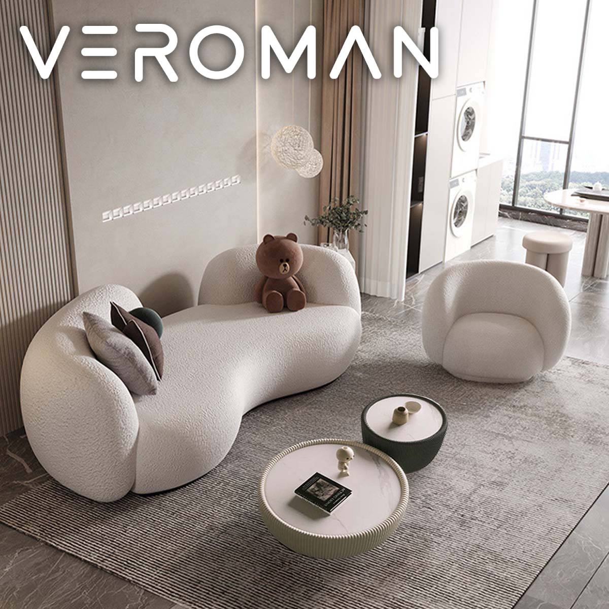 [サイトテーブルとソファの3点セット] VeroMan ソファ サイドテーブルセット もこもこ生地のくつろぎデザイン 異形フォルムが目を惹く ダブルサイズのサイドテーブル リラックスソファセット モダン デザインソファ 韓国インテリア