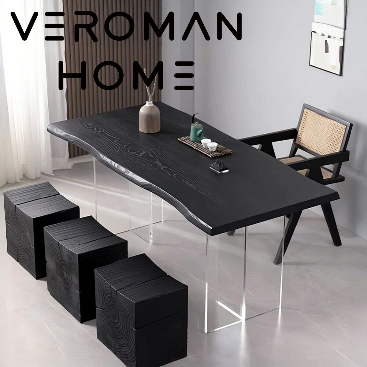 VeroMan テーブル 炭化木製浮遊式泡茶テーブル 黒色実木 シンプル エレガント 自然な実木エッジ 透明アクリル脚 韓国インテリア [高さ75cm&times;幅140cm]｜VEROMAN HOME