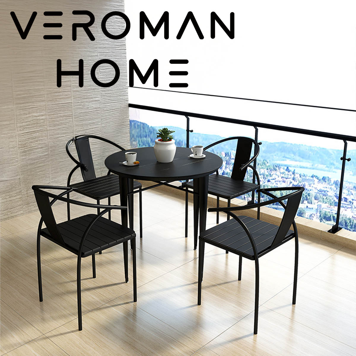 [テーブルセット] VeroMan アウトドアテーブルセット 岩板テーブル＆チェア4脚 屋外用バルコニー・カフェ・休憩スペース 鉄製フレーム採用 韓国インテリア [幅80cm&times;奥行80cm&times;高さ75cm]｜VEROMAN HOME 59,840円