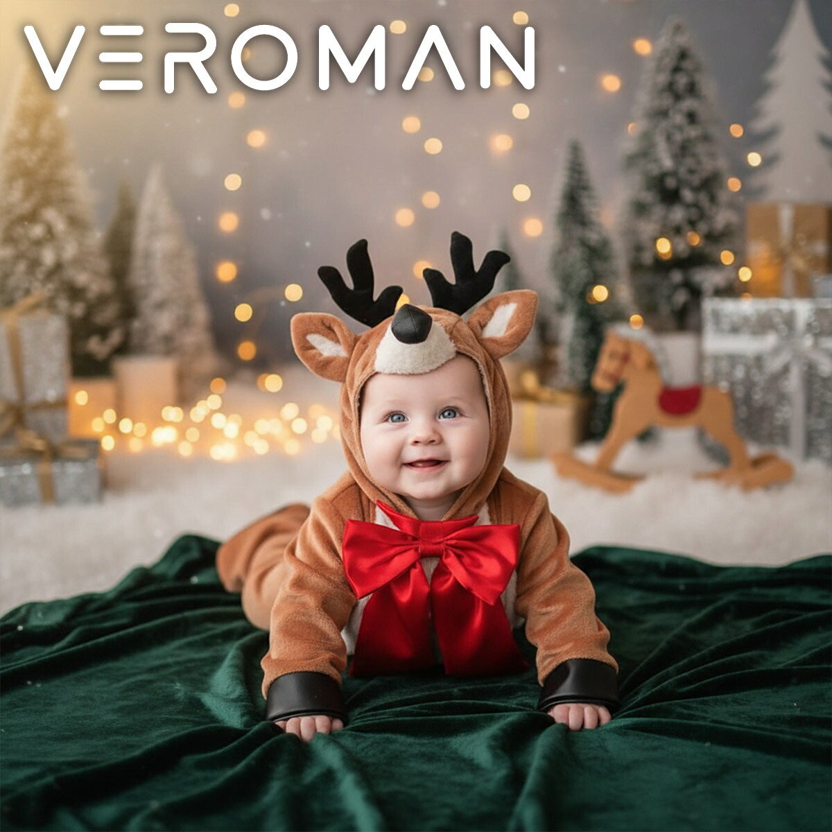 VeroMan ベビー トナカイ コスチューム クリスマス衣装 可愛い仮装 フード付き ロンパース カバーオール 赤いリボン 撮影用コスプレ 出産祝い フォトに最適
