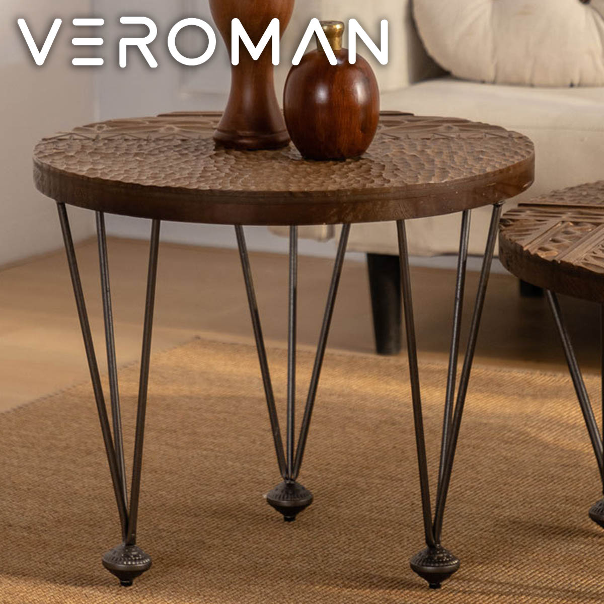 [小] VeroMan エスニック調ウッドローテーブル 異国の温もりを奏でるリズム感 韓国インテリア [高さ51cm×直径60cm]