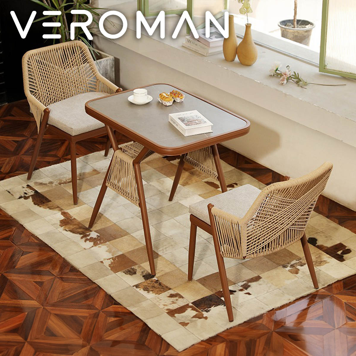 VeroMan もの柔らかな暖かさを感じる 楕円面形のラタン風昼ご飯テーブルセット 納める付き添い人目論む 韓国室内装飾 [高さ75cm×幅80糎]