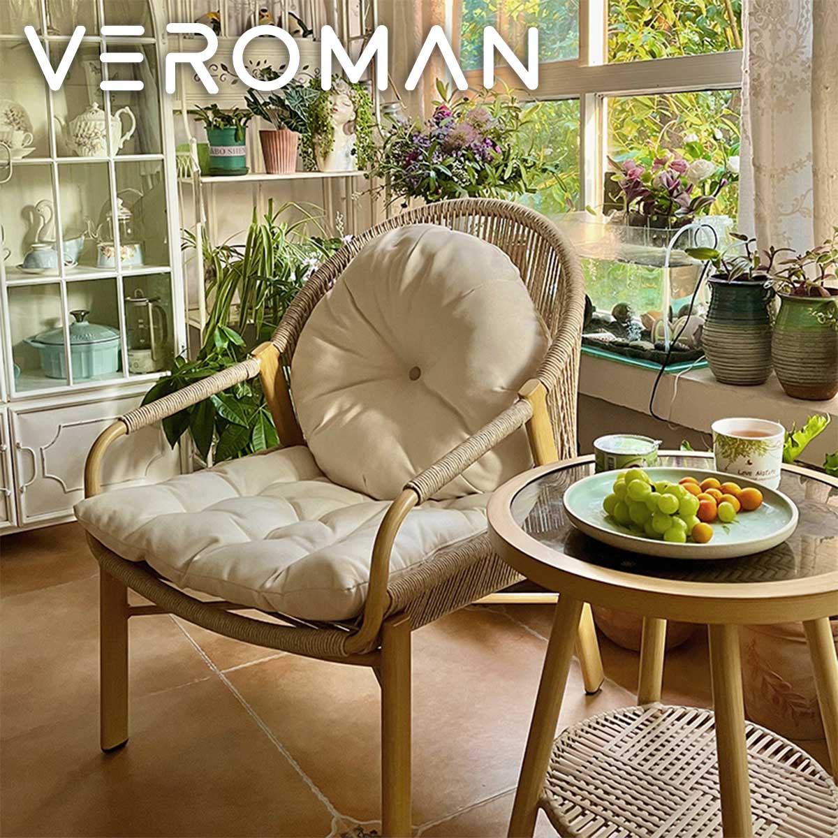 VeroMan ナチュラルな木製ロープ編みリラックスチェア＆フットスツール 快適な空間を実現するデザイン 韓国インテリア [高さ91cmx幅60cm]｜VEROMAN HOME