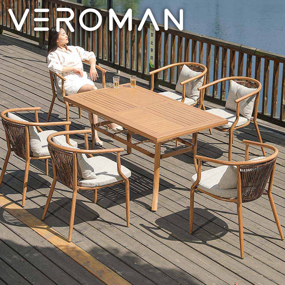 [長方形・椅子6脚] VeroMan 自然な木目調のラウンドテーブルセット 高耐久アルミ合金 優雅さを兼ね備えた屋外用チェアセット テーブル チェア 韓国インテリア