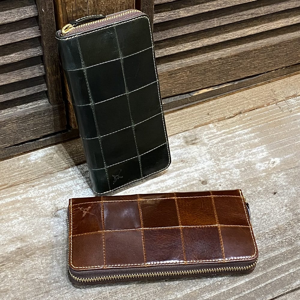 【Ain Soph（アインソフ）】蝋引き/パラフィン加工牛革・ヴィンテージ調切り替えパッチワークレザー・ラウンドファスナー長財布（DA1298F-HWM）※パラフィン/蝋引きレザー/牛革ロングウォレット　メンズ/レディース【レザーバッグ革財布専門店Vertigo/ヴァーティゴ】