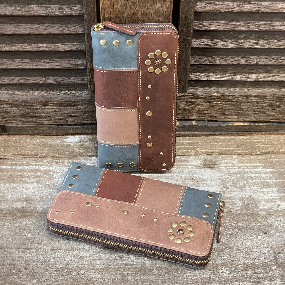【Ain Soph(アインソフ)】オイルワックス焦がし/パラフィン加工牛革・真鍮スタッズ入り切り替え/パッチワークレザーラウンドファスナーロングウォレット/長財布(DA1662-HP)メンズ/レディース マルチカラーレザー【レザーバッグ革財布専門店Vertigo/ヴァーティゴ】|レザーバッグ革財布専門店Vertigo