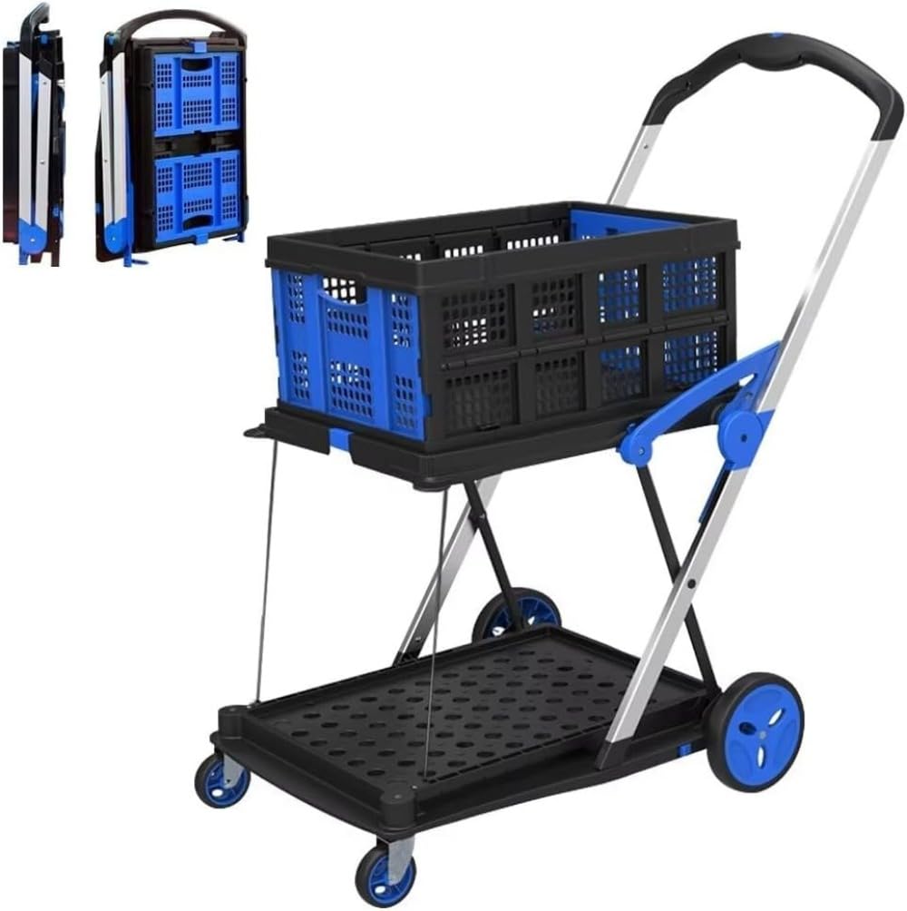 台車 業務用 折りたたみ ショッピングカート キャリーカート 2段 収納カート 耐荷重90 コンテナ付 コンテナカート 多用途運搬車 コンパクト 軽量 室内 倉庫|Verve Collection