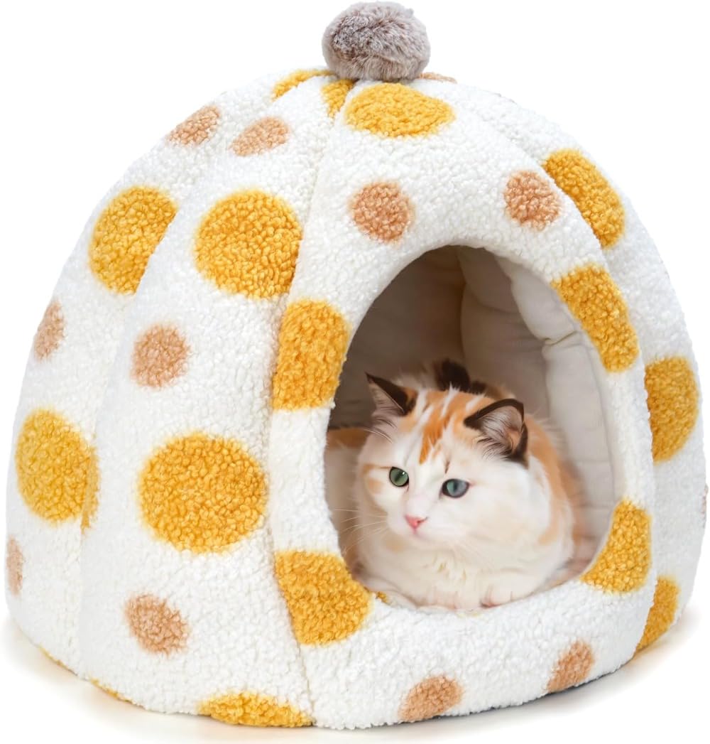 猫 ハウス 冬 ドーム型 ペットハウス ペットベッド 冬用 保温防寒 超小型犬 猫用 クッション付き あったか 滑り止め 室内用 洗える(黄色) ()｜Verve Collection