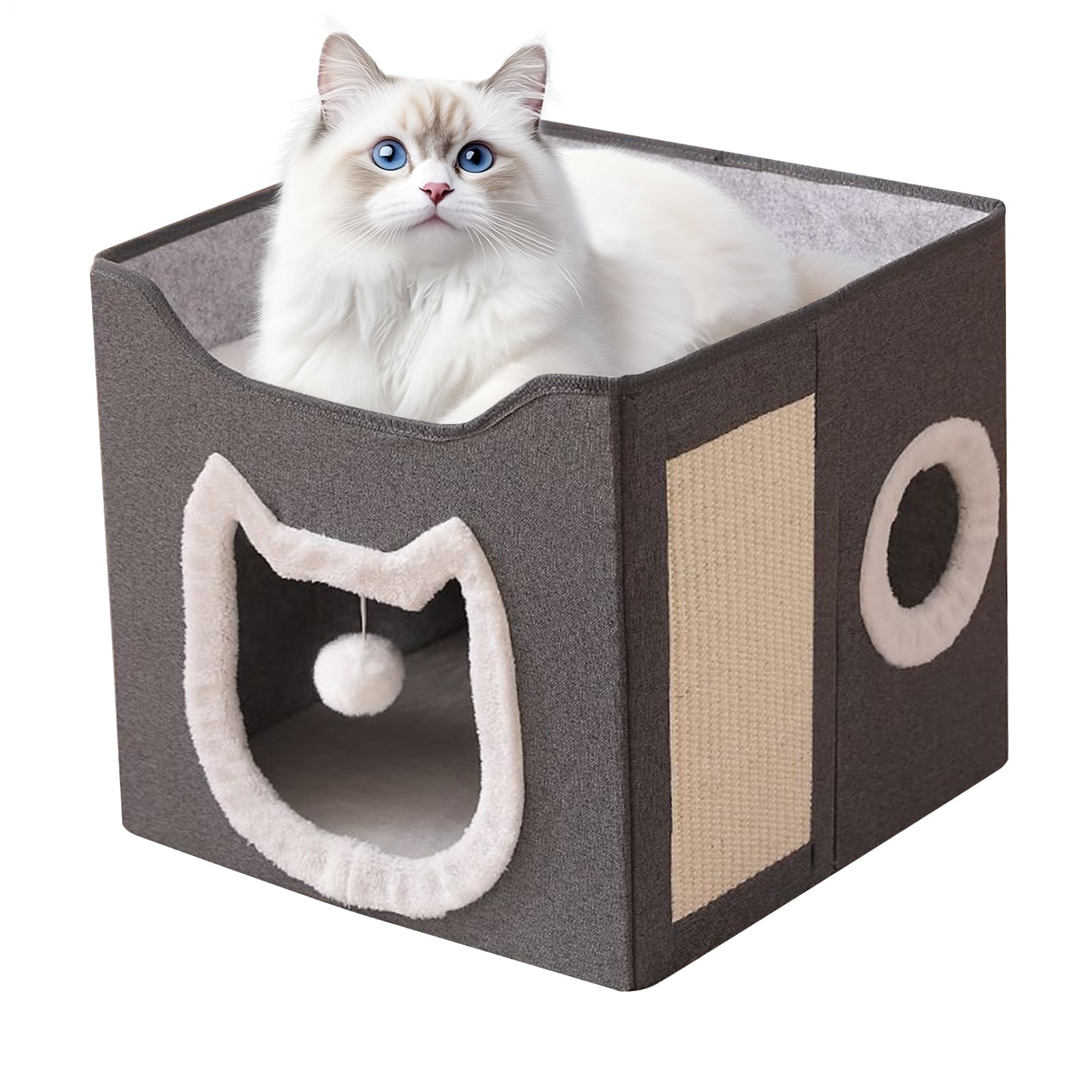 猫の家 - 折りたたみ式猫の洞窟ハウス |ペットベッド家具 子猫テント家具 2段 大型冬用ホームシェルター 暖かい休憩隠れ家 ボールとスクラッチパッド付き 持ち運びに最適|Verve Collection