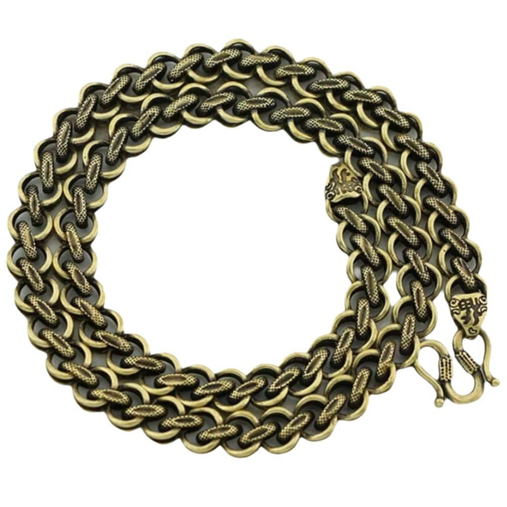 ネックレス メンズ 真鍮 ビンテージ調 喜平チェーン フラット リンク ロングネックレス レトロ ヒップホップ ストリート アクセサリー 龍 蛇 モチーフ フック クラスプ 燻し加工 23.15インチ 58.8cm 10mm幅 男性的 クー｜Verve Collection 9,895円