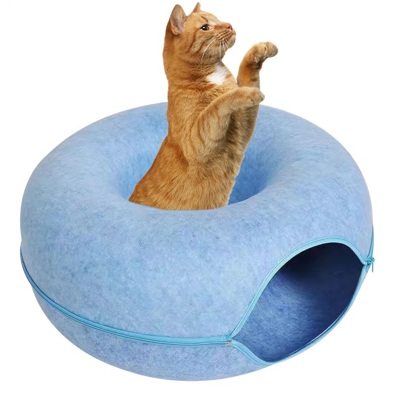 猫 臥榻 水平坑 ドーナツ型 キャットトンネル フェルト 2WAY セパレート遣りかた チャック式 キャットハウス 猫棲み家 駆け込み寺 猫用遊び道具 オール時節 差しわたし60糎 青色