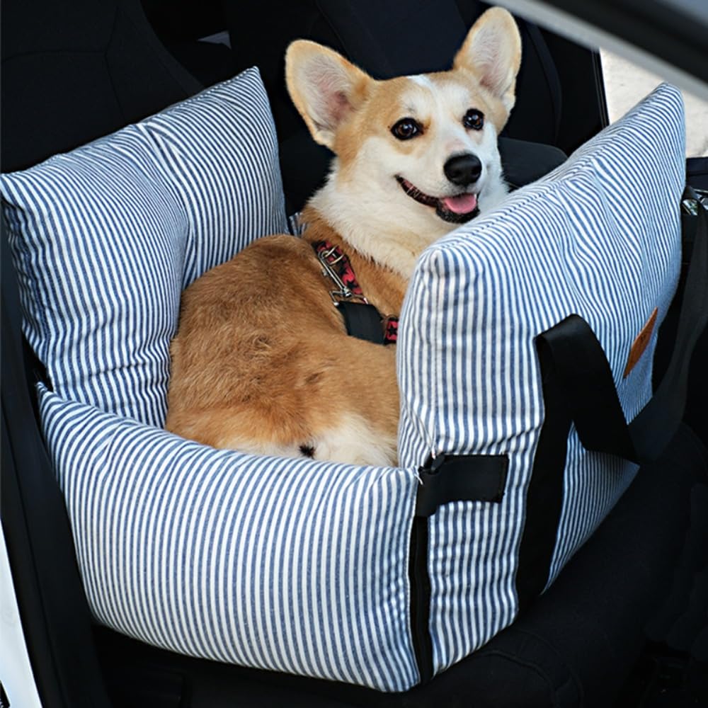 犬用 運転ボックス席 愛玩動物用 鉄道車両腰かけ 御手伝い席 運転腰かけ 犬 車 車用 飛び出し押しとどめる先んじる付き添い人 小型犬 中型犬 通年 洗える 飾り気の無い伏せ籠 旅する お出かけ 愛玩動物臥榻 帰郷 パステル色の ネイビーストライプ