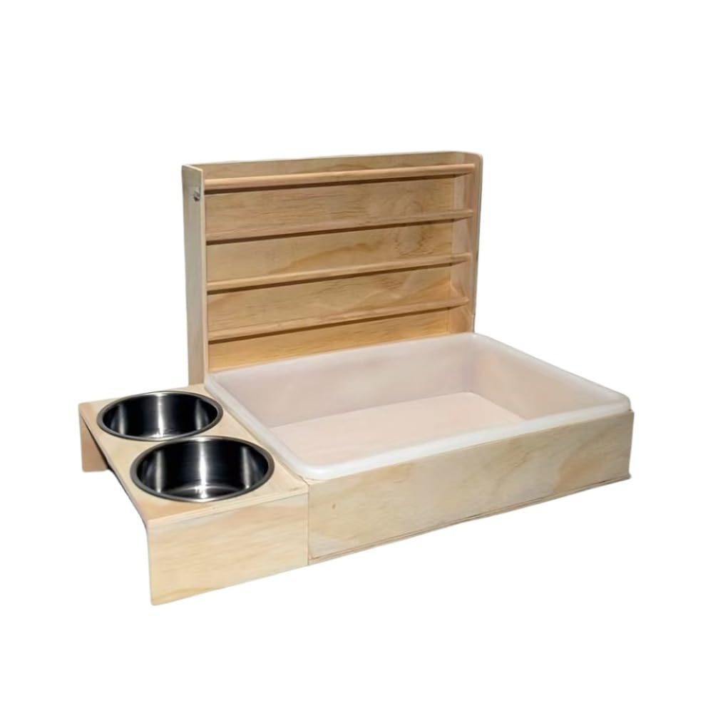 うさぎ トイレ付き牧草フィーダー 4in1 木製 フードボウル 食器台 うさぎ用 モルモット チンチラ 小動物用 牧草入れ トイレ容器 ステンレスボウル付き 取り外し可能 お手入れ簡単｜Verve Collection