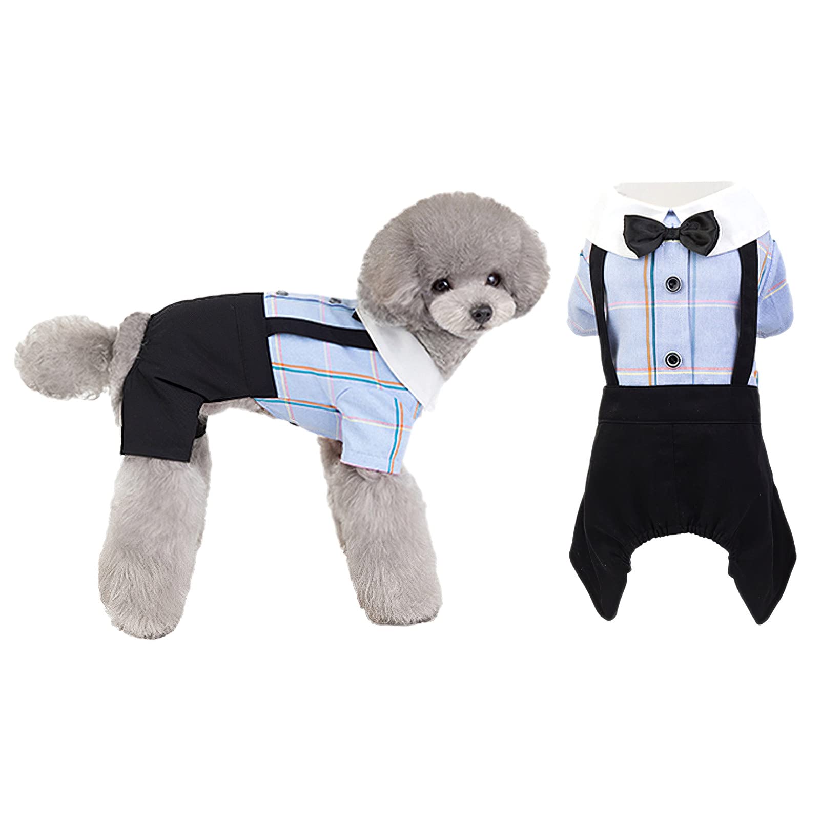 ブルー ドッグ オーバーオール リボン付き クラシック ペット ジャンプスーツ 格子柄 子犬 シャツとパンツ カジュアル 服 小型犬 猫用|Verve Collection