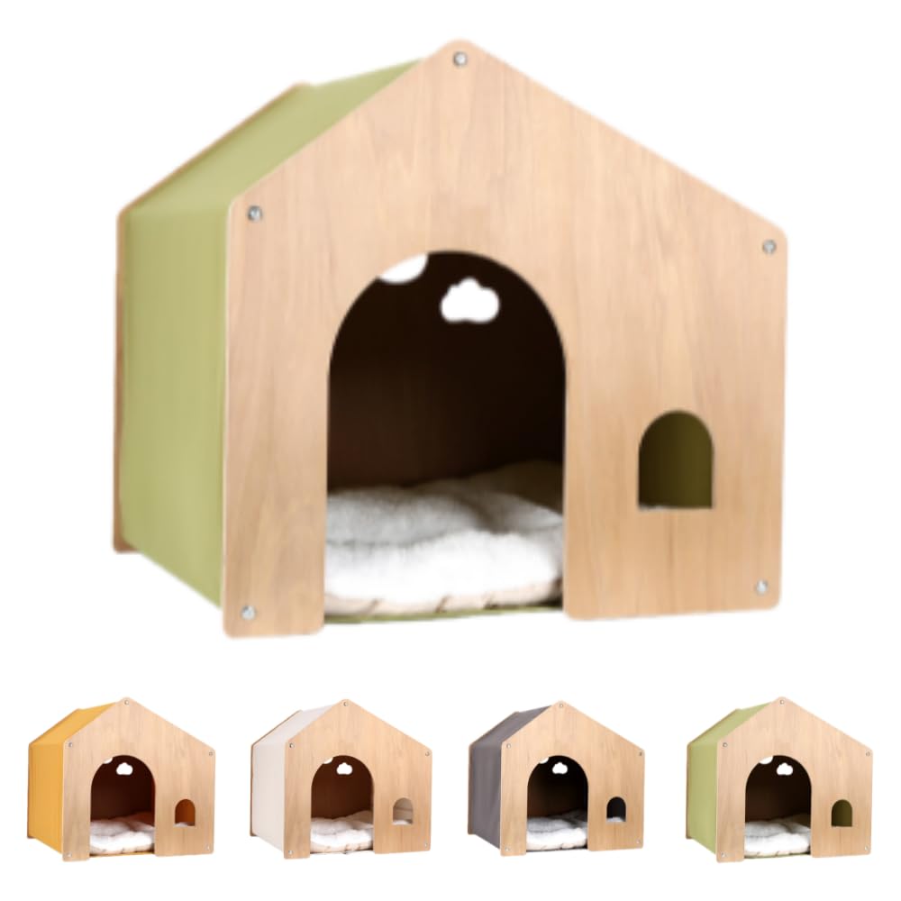 木製ペットハウス犬の犬小屋天然木オールシーズン対応換気通気性クローズドデザイン快適な空間あらゆる種類のペットに適していますペット用ベッド (グリーン)|Verve Collection