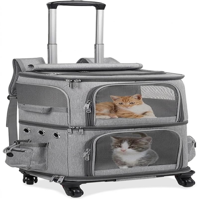 ペットキャリーカート 2段式 キャスター付き 猫2匹用 小型犬対応 大容量 トロリーバッグ 取り外し可能ロッド 旅行通院交通機関災害避難用 グレー (取り外しできるロッドタイプ,グレー)｜Verve Collection