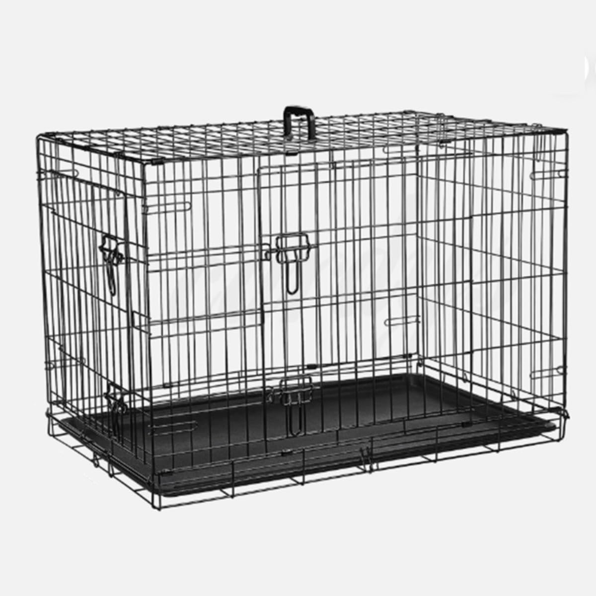 犬用クレート 折りたたみ ハンドル付き 2ドア トレー付属 猫 小動物用 スチール製 簡単組立 大型犬対応 コーギー 柴犬用ケージ (ブラック,90*60*67)｜Verve Collection